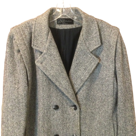 Vintage Black & White Herringbone Double Breasted Wool Overcoat Size 14 - Picture 2 of 16